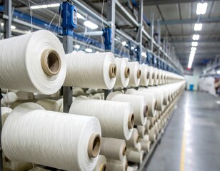 Rows of white yarn spools aligned on a rack within a factory, creating a repetitive, textured pattern
