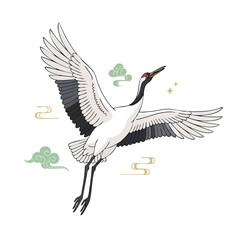 Flying Red-crowned Crane Traditional Asian Style Vector Illustration
