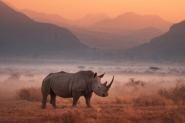 Fototapeta premium Rhino walks through foggy grassland at sunrise in a natural landscape with mountains in the background