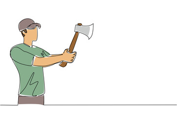 Single line drawing of a man holding an axe with both hands in front of him, extends arms forward, symbolizing a focused stance and preparation for an axe throw. International Axe Throwing Day event