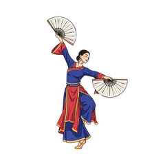 Traditional Asian Fan Dancer Vector Illustration