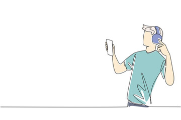 Single line drawing of a young man with pale hair listens to music on headphones while holding smartphone, enjoying self expression and confidence for International Albinism Awareness Day event.