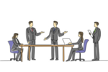 One line drawing vector of a business team discussing strategic collaboration for International Community Association Managers Day concept. Design shows leadership, management and collaboration.