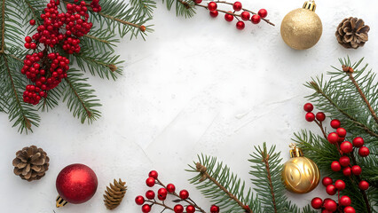 Christmas Border with Pine Branches and Red Ornaments
