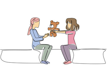 Continuous line drawing of two young girls happily sharing a teddy bear, children friendship of cancer survivor concept. This kind gesture theme is related to National Random Acts of Light Day event.