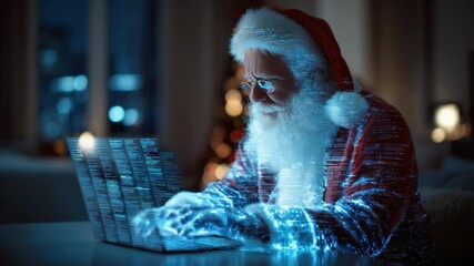 Santa Claus Digital Delight: Santa Claus, illuminated by a digital glow, engaging with technology, and capturing a moment of festive innovation. - Powered by Adobe