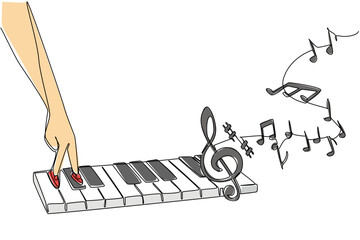 Continuous line drawing of fingers dancing on piano keys with musical notes, representing the joy of rhythm and music beat. Creative expression for National Dance Movement Therapy Advocacy