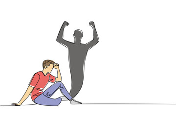 One line drawing of man in contemplation with triumphant shadow behind show a strong, symbolizing inner strength for a mental health concept. Resilience related to National Posttraumatic Growth Day