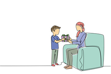 Single line draw of boy giving wrapped gift to his cancer survivor mother, family love concept. Thoughtful gesture is related to National Random Act of Light Day event, showing care and appreciation.