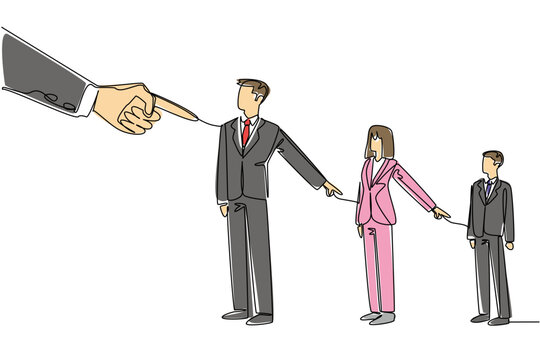Continuous line drawing of a blame chain where each person points to the next for a business concept. This shared responsibility theme is related to National Blame Someone Else Day event.