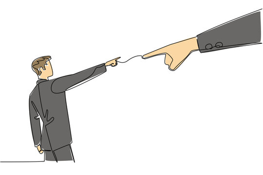 Single line drawing of two businessmen pointing fingers at each other for a corporate dispute, business concept. This office conflict theme is related to National Blame Someone Else Day event.