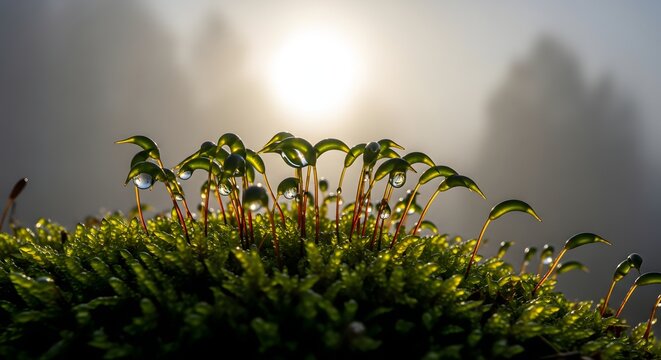 Vibrant Moss with Dew Drops Morning Sunlight Macro Nature