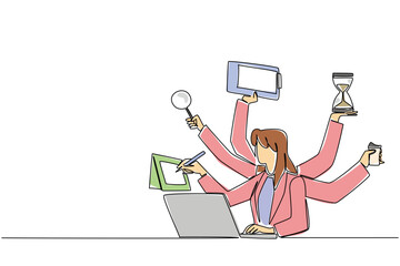 One line drawing of multitasking businesswoman with many arms holding various office tools for a business concept. Efficiency and productivity theme for National Productive Business Civility Day event