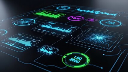 Futuristic dashboard with glowing neon graphs and charts on a sleek black interface