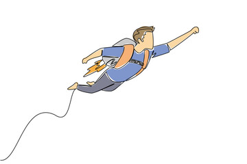 Single line drawing of businessman flying with rocket backpack, symbolizing rapid career advancement for a business concept. Innovation and progress for National Productive Business Civility Day