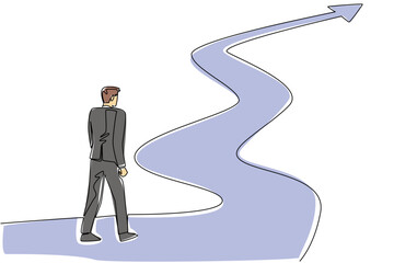 Continuous line draw of businessman looking at long, winding upward arrow path, symbolize challenging career journey for business concept. Perseverance and growth for National Productive Civility Day