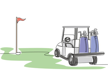 Single line drawing of rear view a golf cart with two club golf bags in the back, parked near a flagstick, symbolizing a golf outing for two. This shared activity theme is for National Golf Cart Day. © Simple Line
