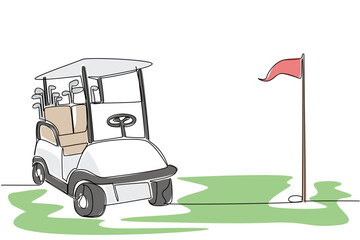 One line drawing vector of a golf cart with clubs in the back parks near a golf flag on the green, symbolizing a round of golf. Recreational sport theme is great for National Golf Cart Day ads.