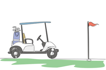 Continuous line drawing of side view golf cart with bag of clubs sits on the grass parked facing the cup and flagstick, ready for the next round. Personal enjoyment theme is for National Golf Cart Day