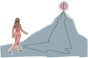 Continuous line draw of a businesswoman walking towards mountain peak to a wooden target. Symbolize ambitious goal for business concept. Determination and achievement for National Product Business Day
