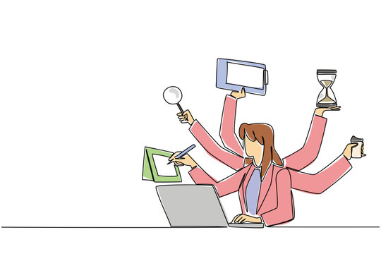 One line drawing of multitasking businesswoman with many arms holding various office tools for a business concept. Efficiency and productivity theme for National Productive Business Civility Day event