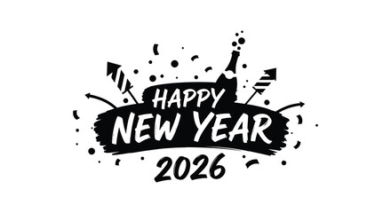 A stylish black and white new year celebration graphic with confetti and the year 2026