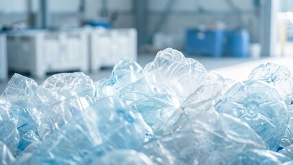 Crushed empty clear plastic bottles piled in a recycling facility waste