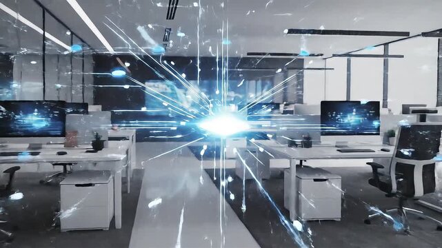 futuristic ai data chip exploding with glowing energy in modern open plan office symbolizing digital transformation and innovation