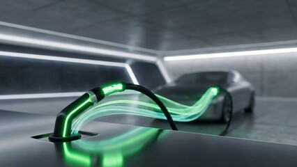 Electric car charging station with glowing green energy flowing into a sleek vehicle