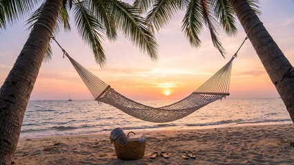 Hammock strung between palm trees on a sandy beach at sunset with calm ocean waves and a distant sailboat