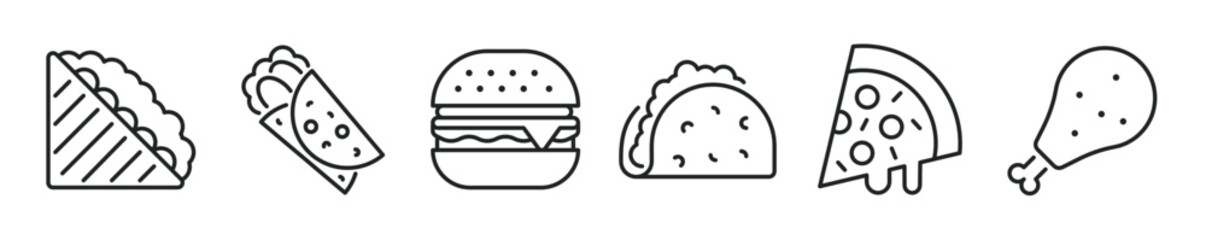 Junk Food thin line icon set. Web minimal editable stroke icons
