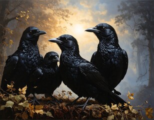 A group of four black birds with iridescent feathers perches on a weathered branch in a sunlit autumnal forest scene