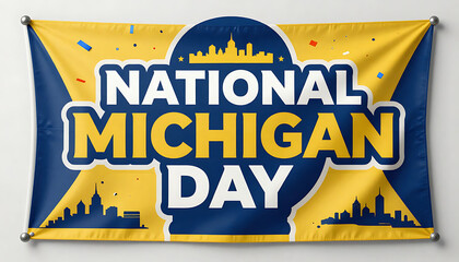 National Michigan Day banner on a yellow field with city silhouette; 4K, HD