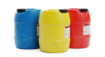 Three colorful plastic containers with warning labels on a png transparent