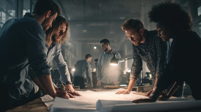 Teamwork architects reviewing blueprints indoors