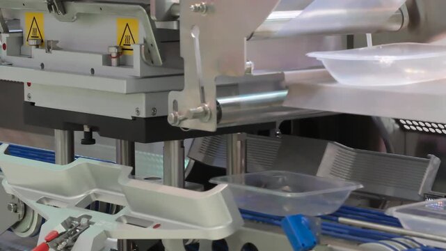 A conveyor belt at a food factory produces plastic packaging from polyethylene film.