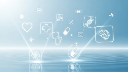 Medical icons floating over calm water background with glowing light