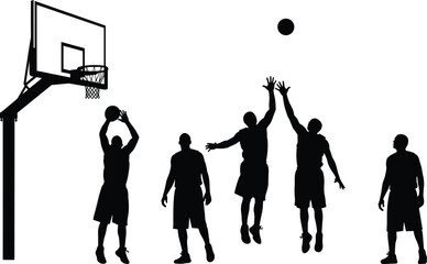 Black silhouettes of basketball players competing for a jump ball and shooting near the hoop, illustrating competitive sport, athletic action, team game, and dynamic play. © parves's world