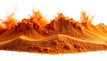 Mountains of orange powder erupt in a splash against a black background
