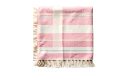 Pink and white plaid textile with fringe edges, neatly folded