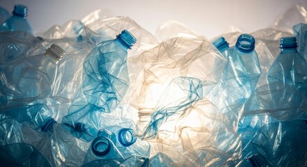 Fototapeta premium A pile of crumpled blue and clear plastic water bottles illuminated by soft light