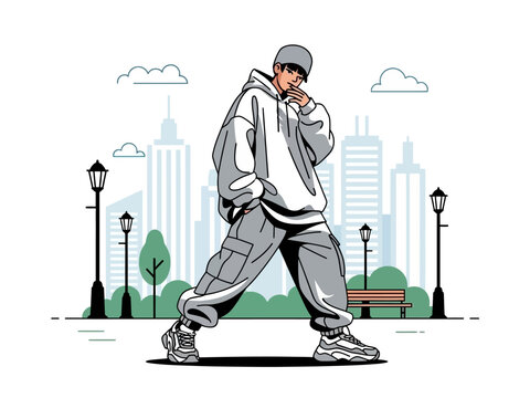 Young man in urban setting wearing stylish streetwear.