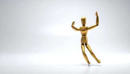 A golden, jointed figure in a dynamic pose, arms raised and legs bent as if dancing on a clean, white background