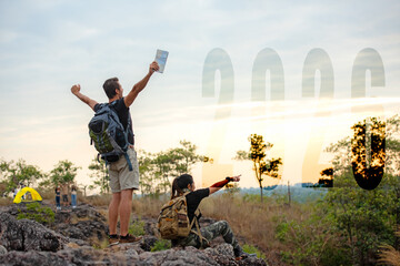 The start into the new year 2026. Group people tourist raise arm relax in tent after activity outdoor for destination leisure and go to goal success new year