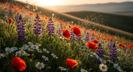 Field of red poppies purple lupine and white daisies at sunset flowers