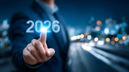 Businessperson Touching 2026 Digital Interface Representing Future Planning