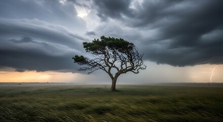 Obraz premium Solitary tree in grassy field during lightning storm image