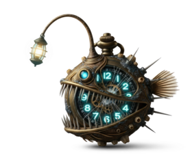A steampunk fish with a glowing clock face and a lantern on its head.