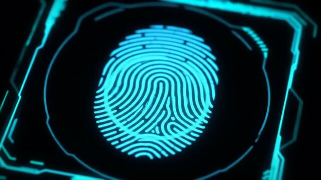 Glowing blue fingerprint displayed with futuristic UI on black background, for security and access