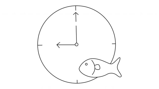 Clock with hands at 900 fish next to it